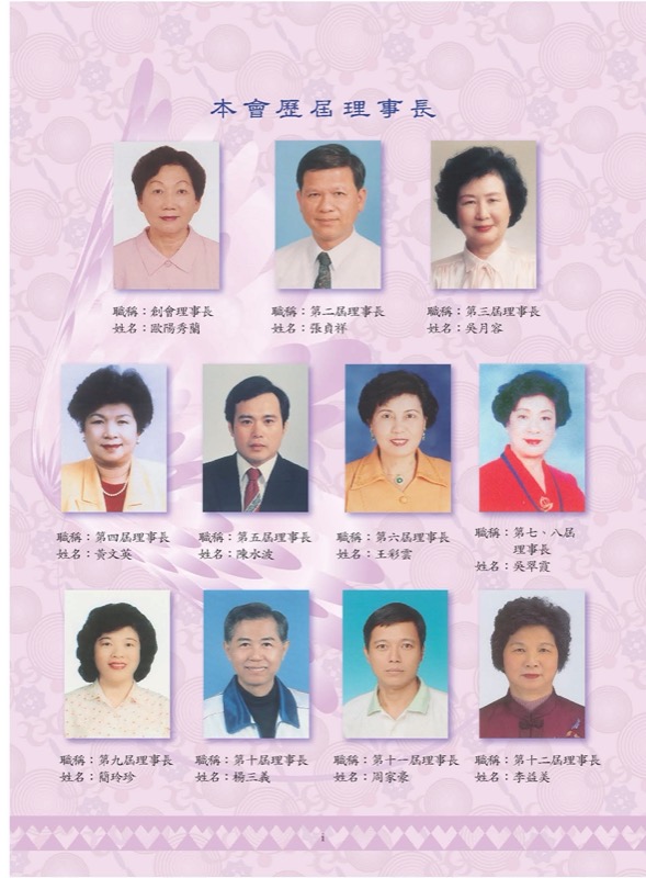 職稱：創會理事長-姓名：歐陽秀蘭
職稱：第二屆理事長-姓名：張貞祥
職稱：第三屆理事長-姓名：吳月容
職稱：第四屆理事長-姓名：黃文英
職稱：第四屆理事長-姓名：黃文英
職稱：第五屆理事長-姓名：陳水波
職稱：第六屆理事長-姓名：王彩雲
職稱：第七、八屆理事長-姓名：吳翠霞
職稱：第九屆理事長-姓名：簡玲珍
職稱：第十屆理事長-姓名：楊三義
職稱：第十一屆理事長-姓名：周家豪
職稱：第十二屆理事長-姓名：李益美